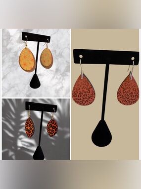 3 pair of Leopard (2) & Floral  (1) Print Teardrop Earrings. Handmade my myself